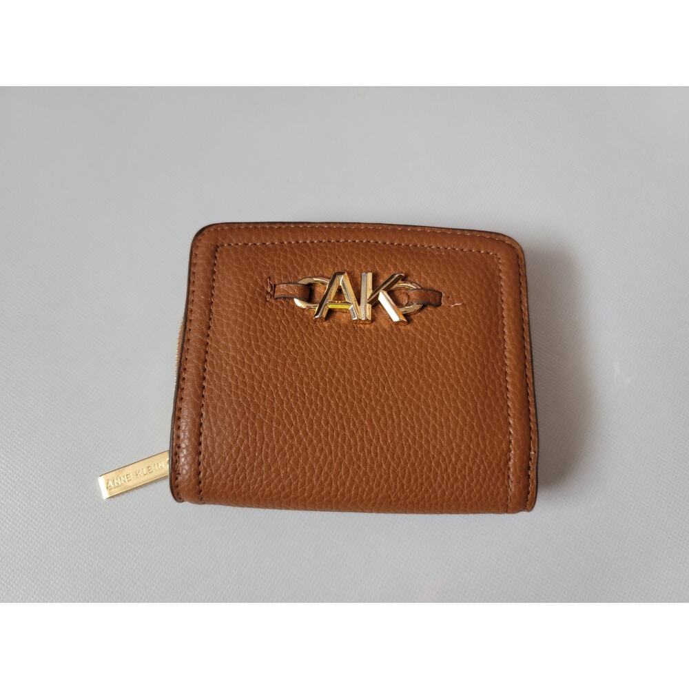 Anne Klein camel color brown tan wallet compact minimalist gold logo